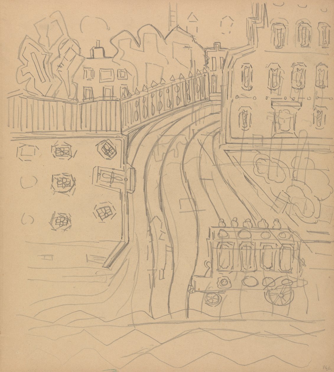 Grot van het Gouden Kalf: Stadstraat met omnibus door Spencer Frederick Gore