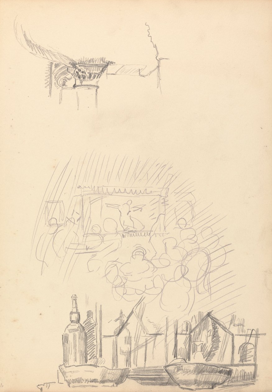 Grot van het Gouden Kalf: schetsen van een podium en bar door Spencer Frederick Gore