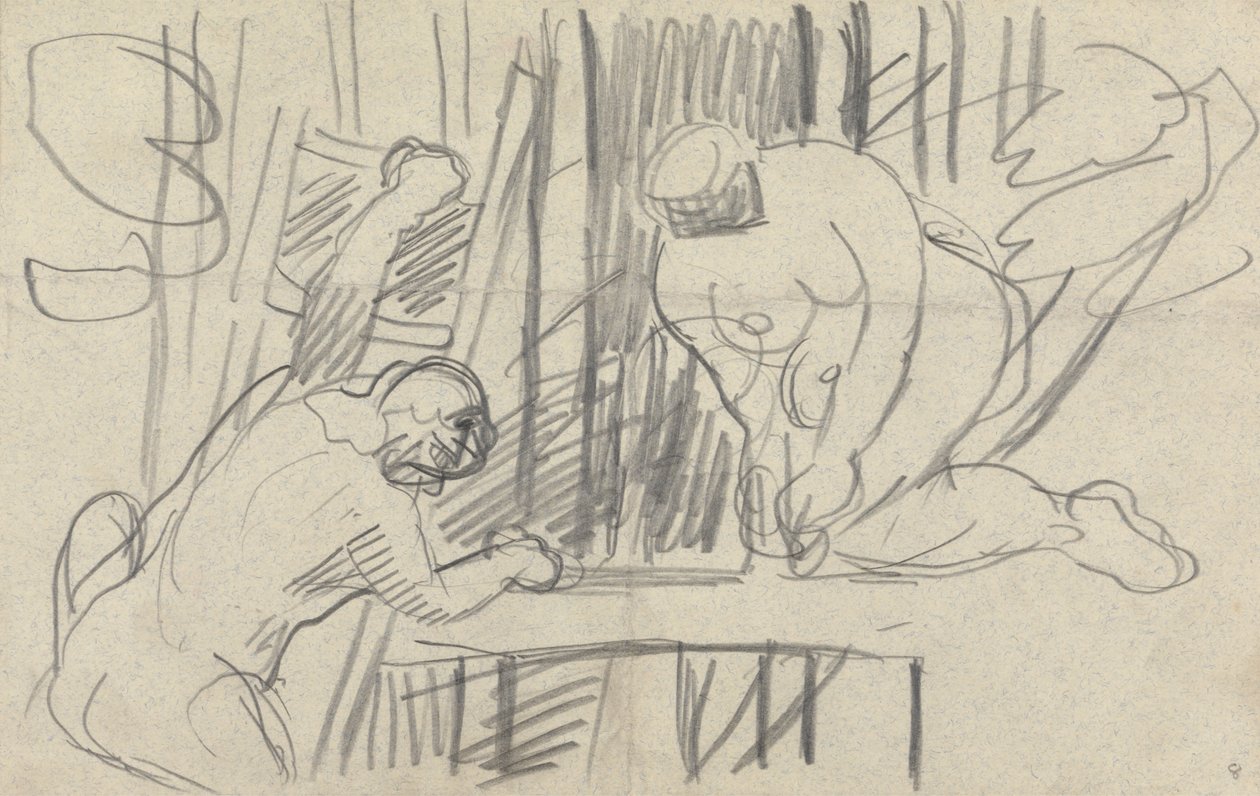 Grot van het Gouden Kalf: Studie van een boomhut met primitieve mensen door Spencer Frederick Gore