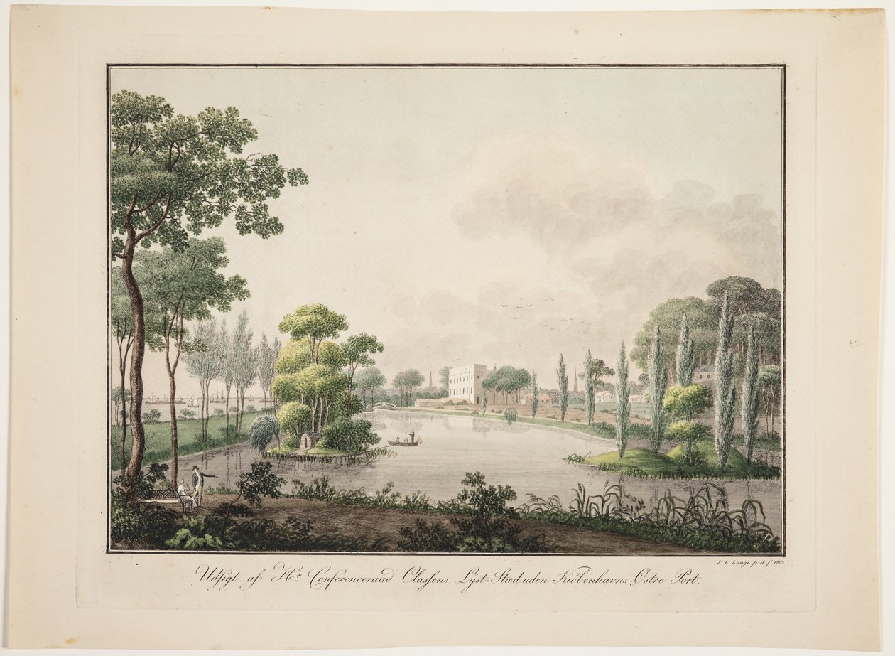 Uitzicht op het landgoed van de heer Conferensraad Classen buiten de Oostpoort van Kopenhagen door Søren L. Lange