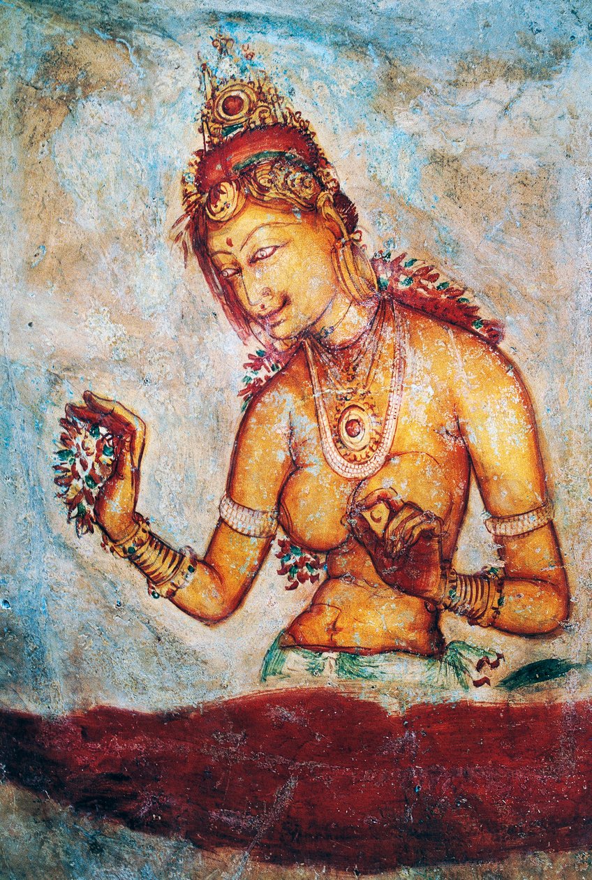 De maagden van Sigiriya, fresco, Sigiriya archeologische site (Unesco Werelderfgoedlijst) door Sri Lankan School