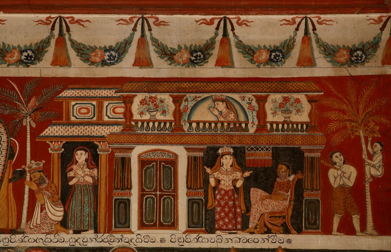 Muurschildering die een Singalees huis in de Subdharama-tempel, Dehiwala afbeeldt door Sri Lankan School