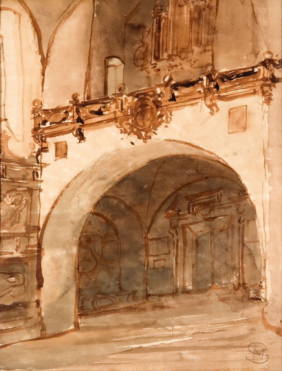 Interieur van een kerk. Uitzicht op de vestibule en het koor door Stanisław Noakowski