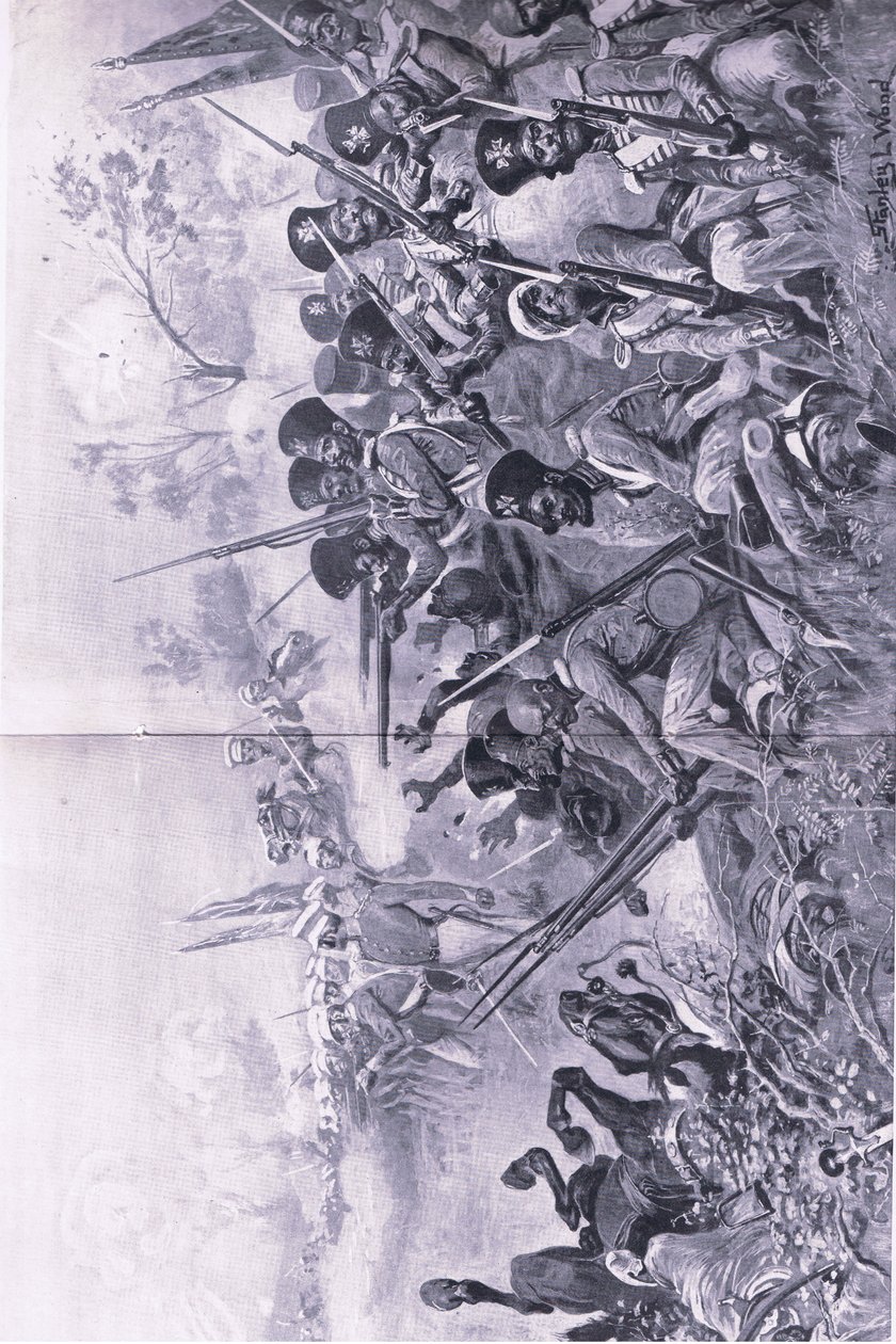 Chilianwala, 13 januari 1849: Goddys Brigade maakt een dappere stand toen ze omringd werden door Sikhs, illustratie uit Britse gevechten op land en zee, 1915 door Stanley L. Wood