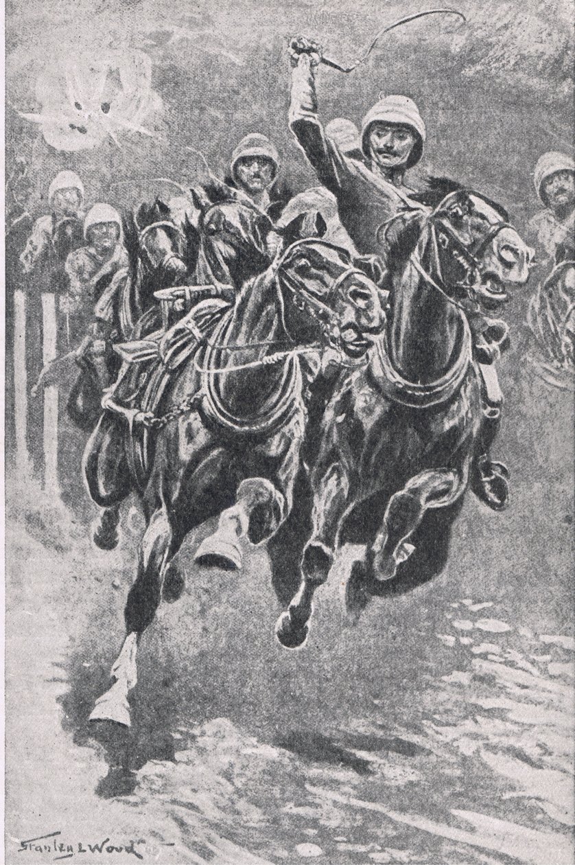 Luitenant Maclaine brengt de kanonnen naar Maiwand, 17 juli 1880, illustratie uit British Battles on Land and Sea, 1915 door Stanley L. Wood