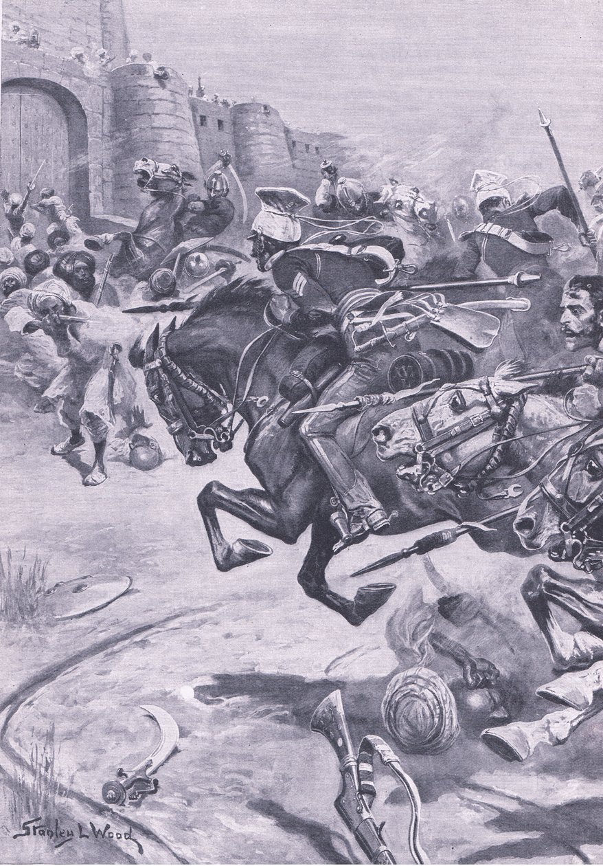 De 16e Lancers en Skinners Horse drijven de Jats naar Bharatpur; december 1825, illustratie uit Britse gevechten op land en zee, 1915 door Stanley L. Wood