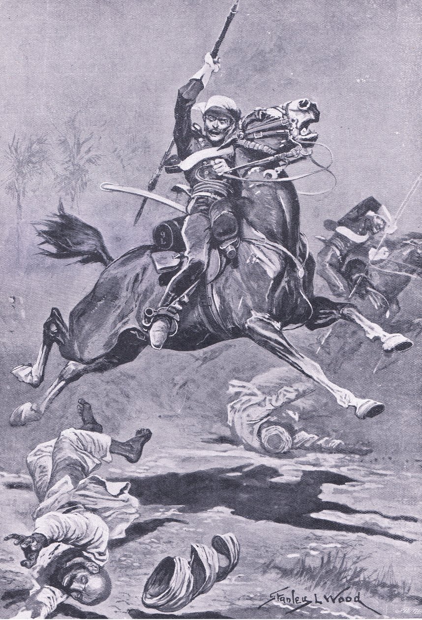 De 9e Lancers bij Delhi, 1857, illustratie uit British Battles on Land and Sea, 1915 door Stanley L. Wood