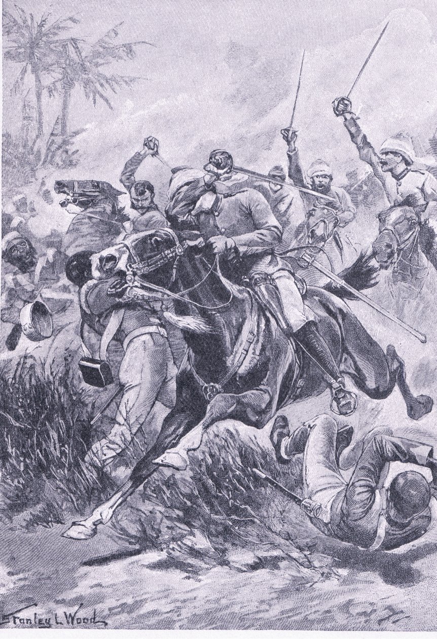 Vrijwillige cavalerie buiten Lucknow, 30 juni 1857, illustratie uit British Battles on Land and Sea, 1915 door Stanley L. Wood