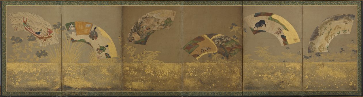 Zes waaiervellen: diverse onderwerpen, Momoyama of Edo periode, 1590-1640 door Sôtatsu