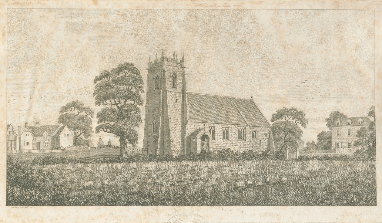 Adbaston Kerk: lijn- en stipgravure, ca. 1800 door Stebbing Shaw