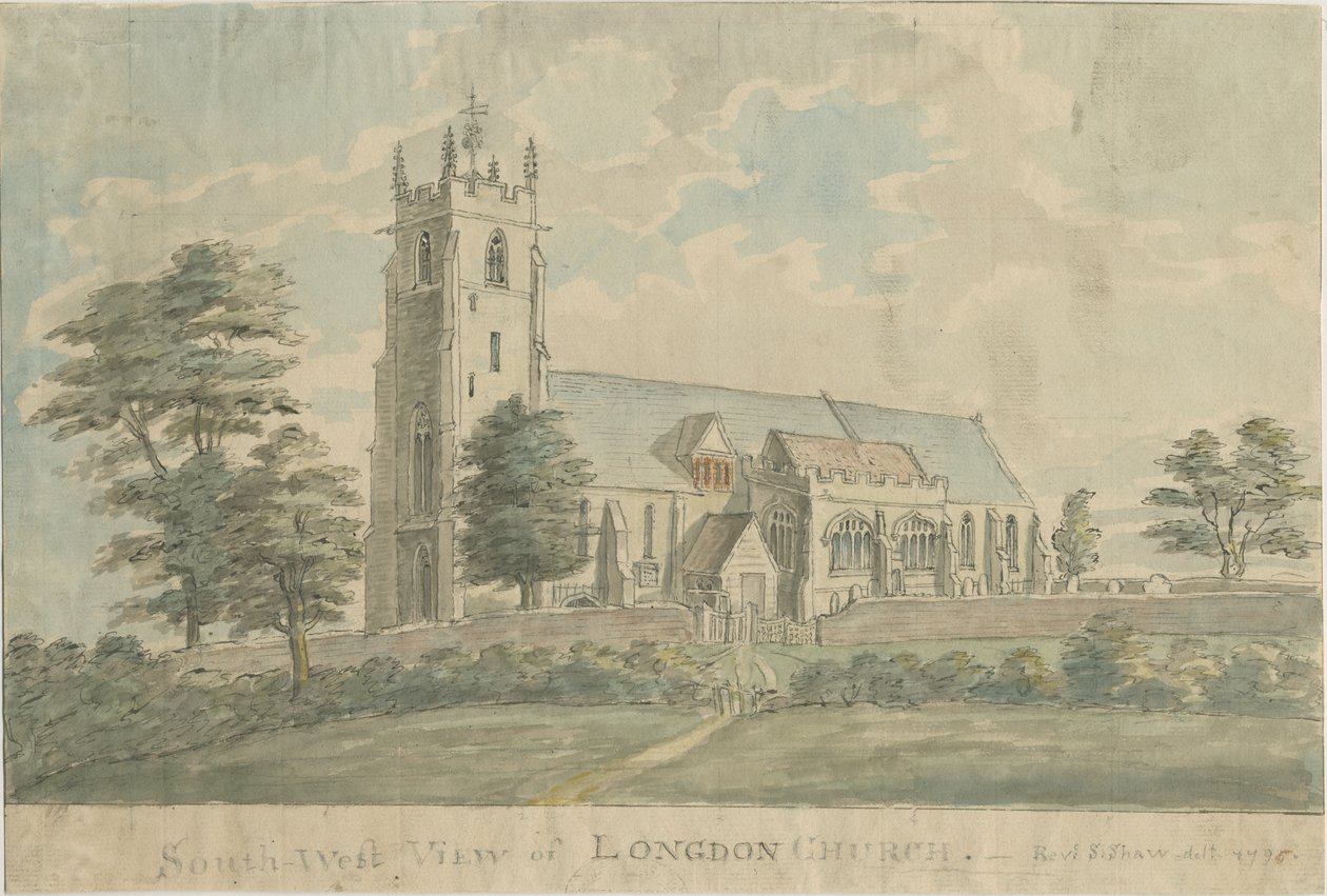 Longdon Church: aquarel schilderij, 1795/6 door Stebbing Shaw
