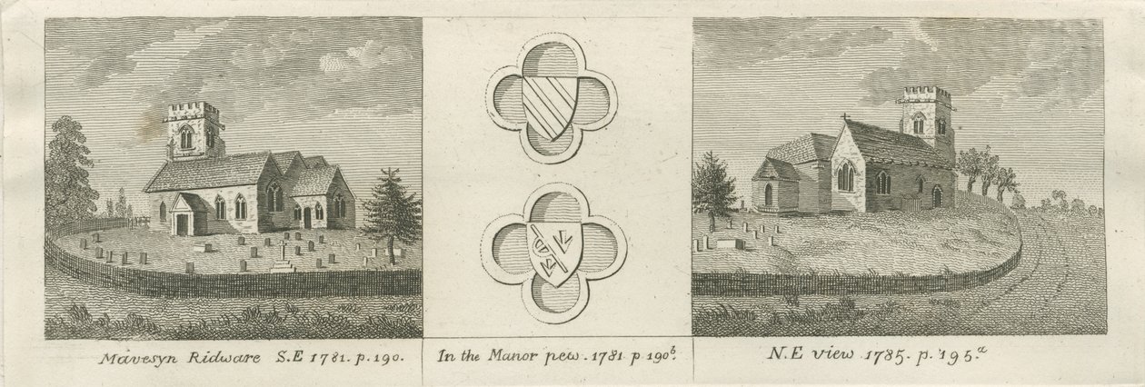 Mavesyn Ridware Kerk: gravure, 1781 door Stebbing Shaw