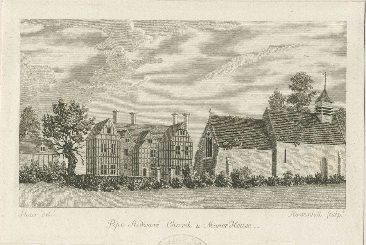 Pipe Ridware Kerk en Landhuis: gravure door Stebbing Shaw