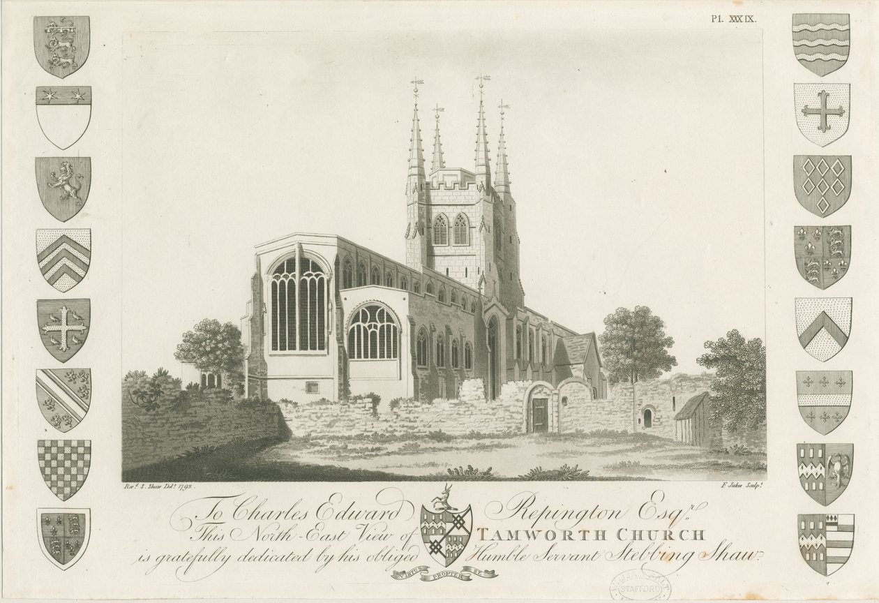 Tamworth Kerk: aquatint gravure, 1792 door Stebbing Shaw