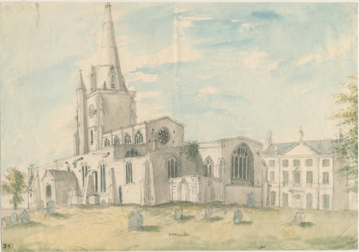 Uttoxeter Kerk [Oud]: aquarel, nd [1794] door Stebbing Shaw