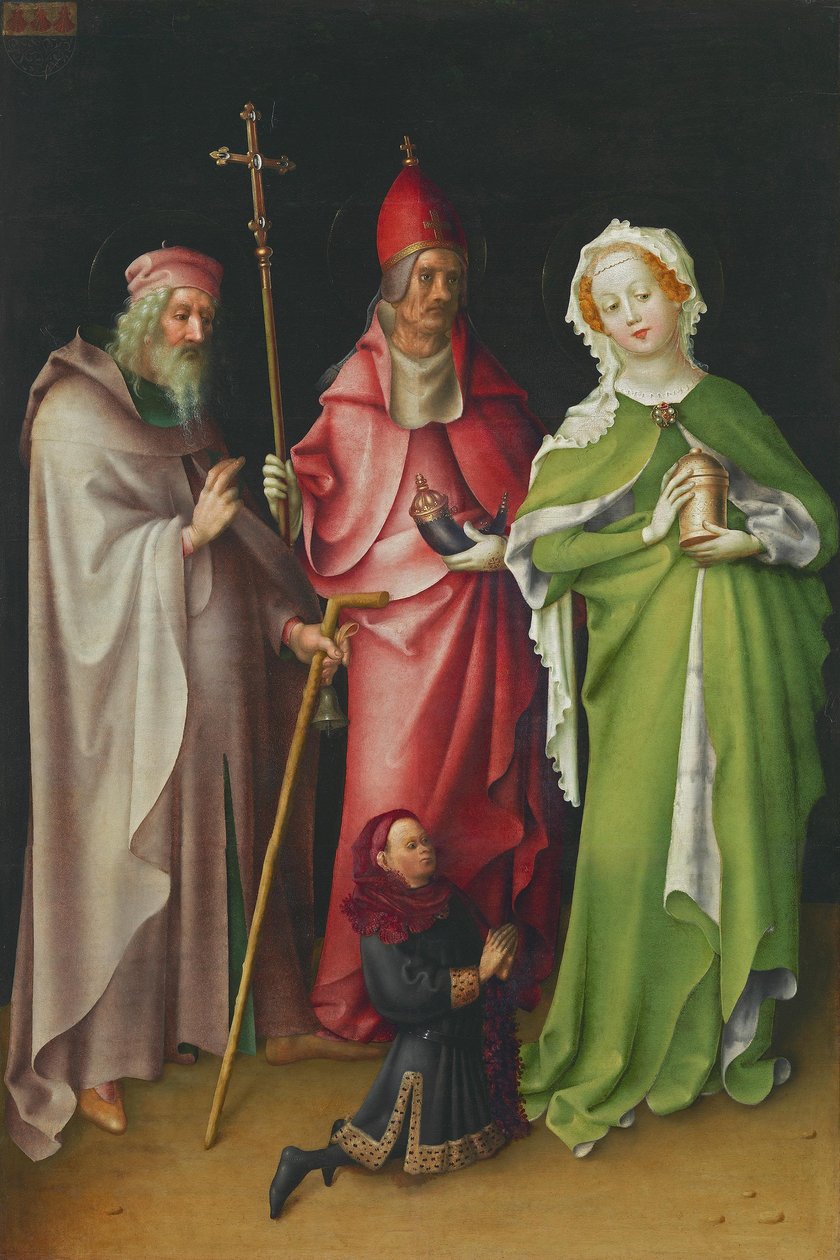 Flügel des Weltgerichtsaltares: Hl. Antonius, Papst Cornelius und Maria Magdalena mit einem Stifter door Stefan Lochner