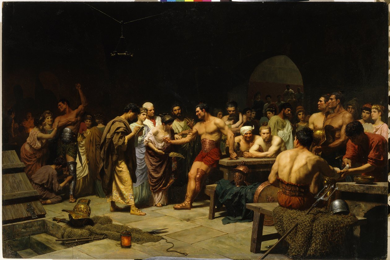 De gladiatoren voor hun entree in de arena. De Romeinse patriciërs bezoeken en beoordelen het fysieke uiterlijk van de gladiatoren voor het gevecht, de vrouwen vleien en feliciteren de strijders. door Stefan Vladislavovich Bakalowicz