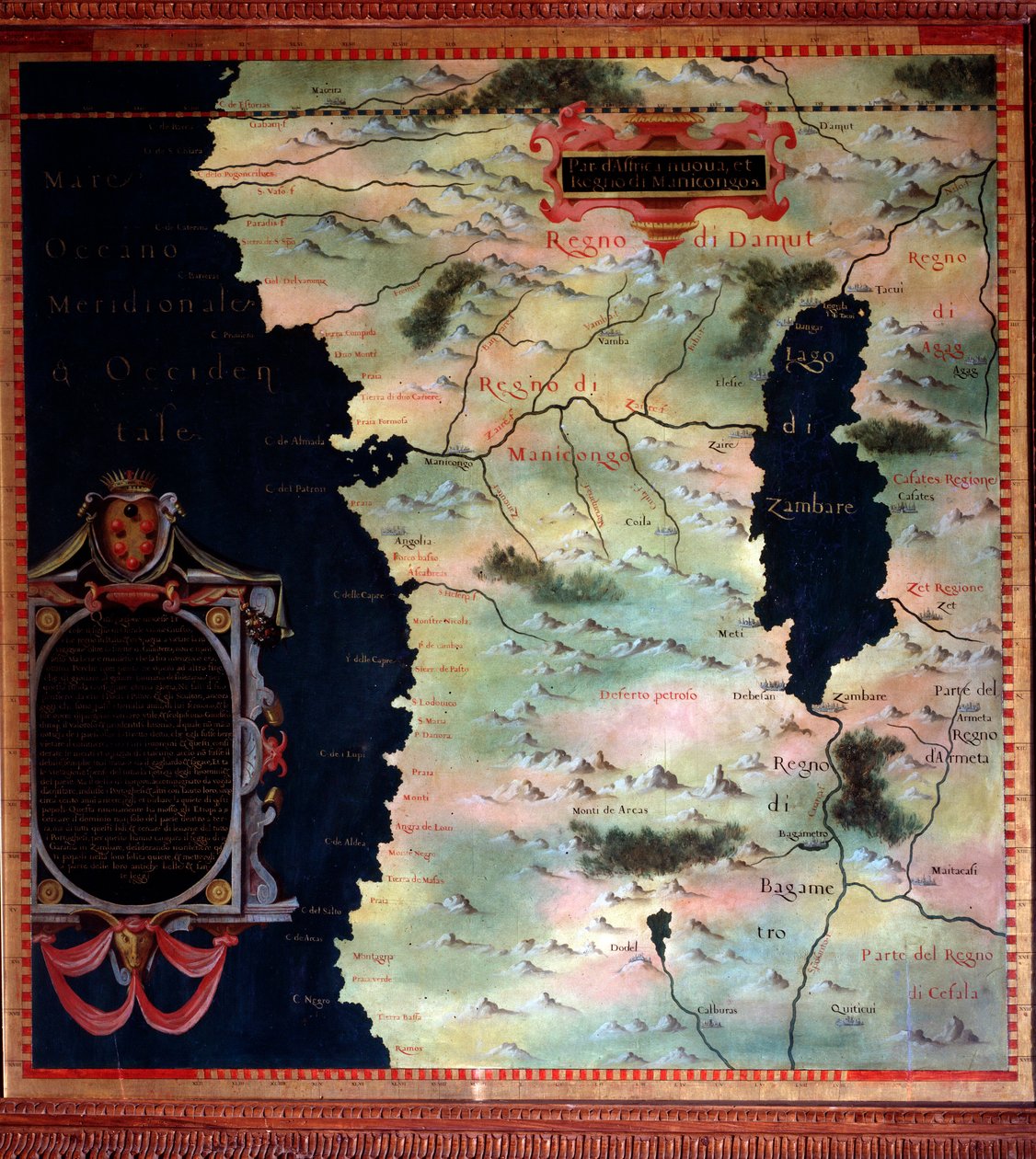 Kaart van West-Afrika (Congo en Angola) gemaakt door Stefano Bonsignori (? -1589) Italiaanse kosmograaf en schilder. Rond 1581. Florence, Palazzo Vecchio, Sala del Mappamondo door Stefano Buonsignori