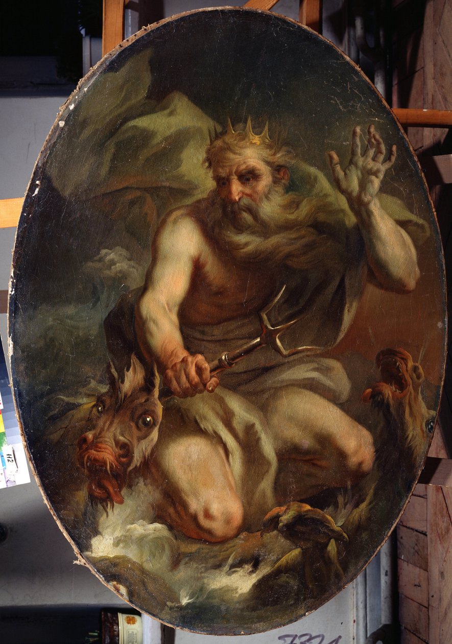Neptunus met een kroon en een drietand met zeemonsters door Stefano Torelli