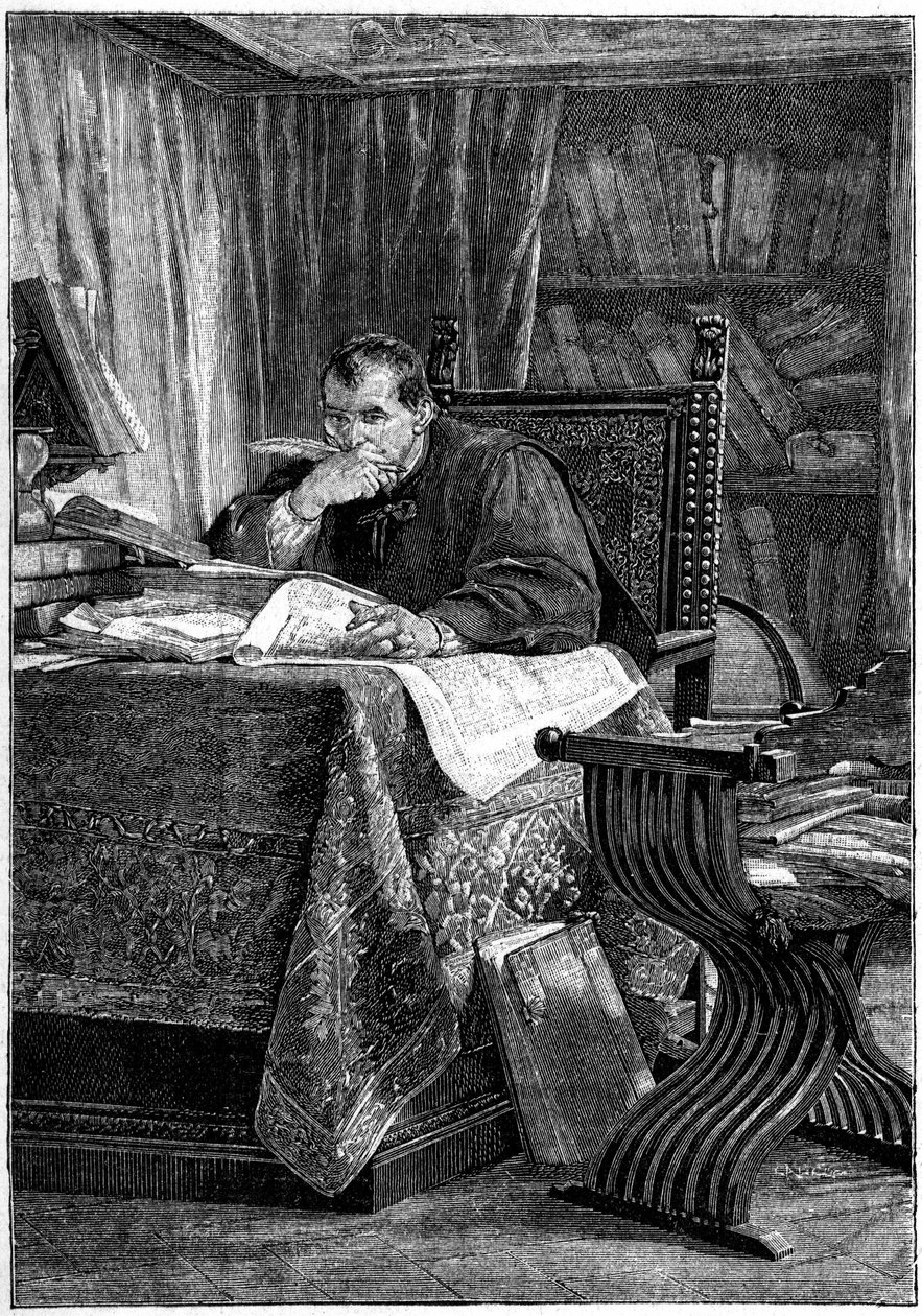 Portret van Niccolo di Bernardo dei Machiavelli (Nicolas Machiavel). door Stefano Ussi