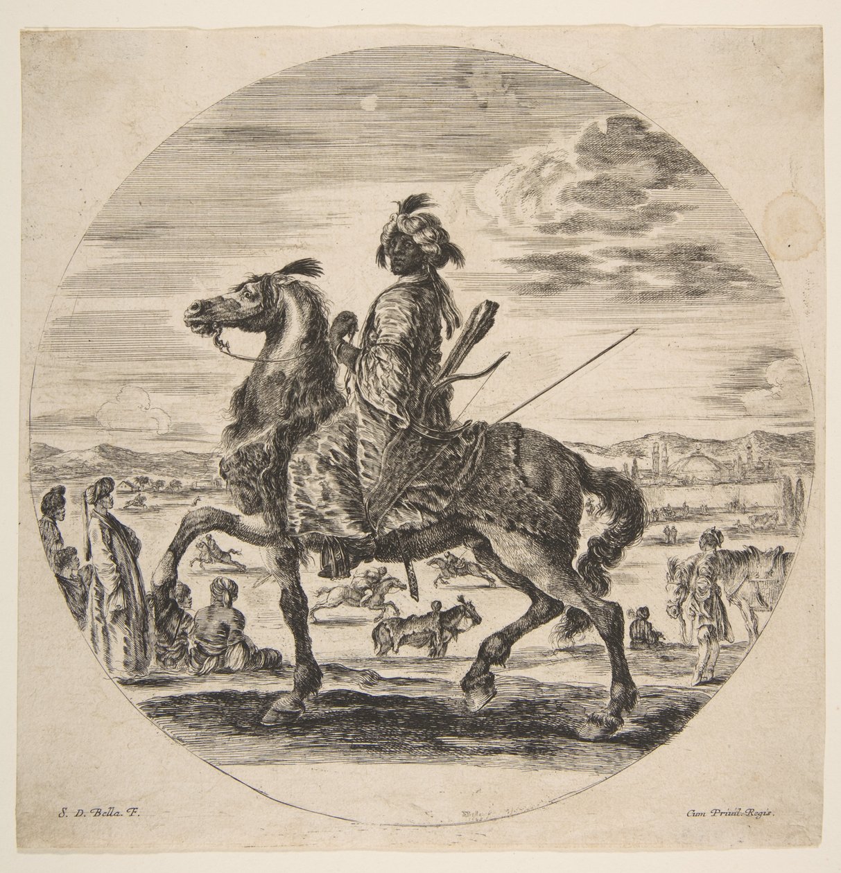 Een Moorse ruiter naar links gericht, staande en zittende Turken op de achtergrond, ca. 1651 door Stefano della Bella
