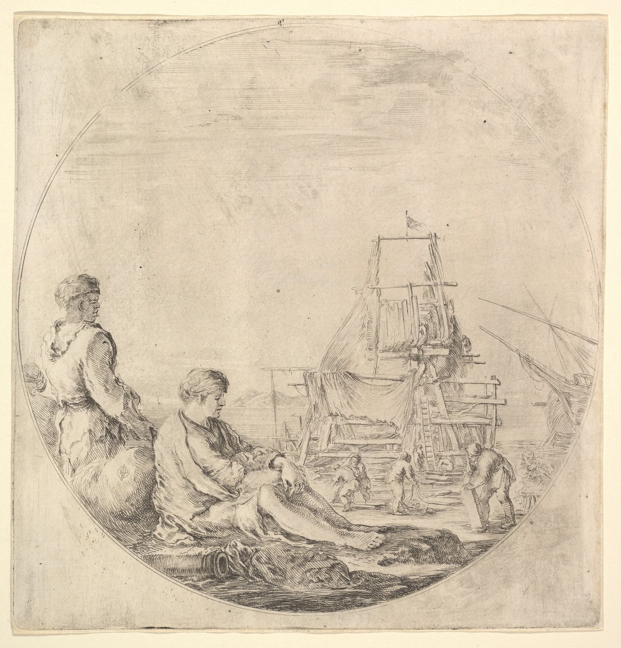 Een zwarte zeeman staand naar links, in profiel naar rechts, een witte zeeman zittend..., ca. 1658-63 door Stefano della Bella