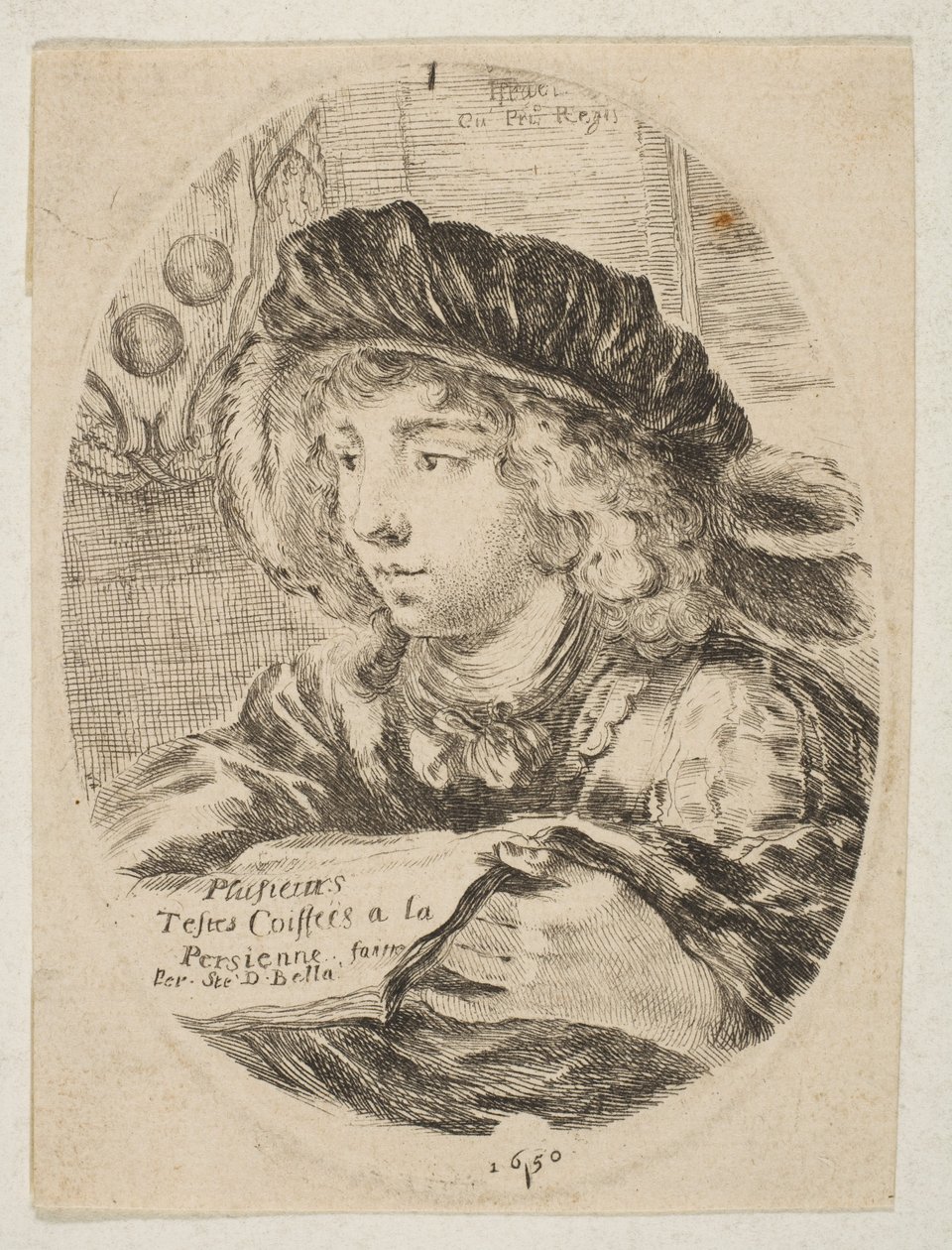 Een buste van een jonge man met een hoed met veren, driekwart naar links gedraaid, 1650 door Stefano della Bella