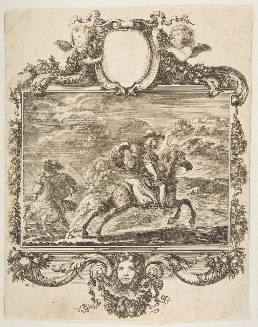 Een ridder en een dame te paard, binnen een sierlijke rand versierd met fruit door Stefano della Bella