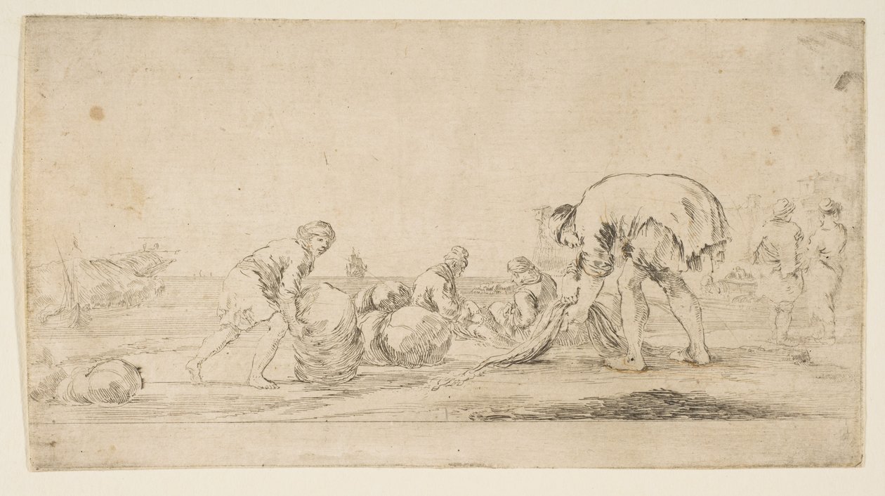 Een visser brengt zijn netten binnen, een man links duwt een baal naar rechts, twee zitt..., ca. 1662 door Stefano della Bella