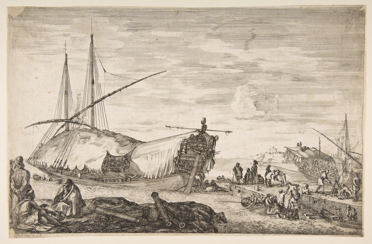 Een galei bedekt met zeilen naar links, zes kanonnen en vier mensen naar links op de voorgrond door Stefano della Bella