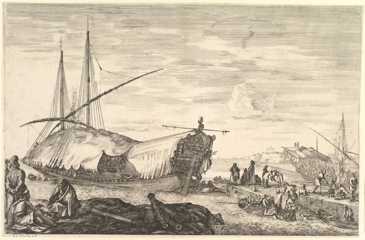 Een galei bedekt met zeilen naar links, zes kanonnen en vier mensen op de voorgrond, ca. 1652-57 door Stefano della Bella