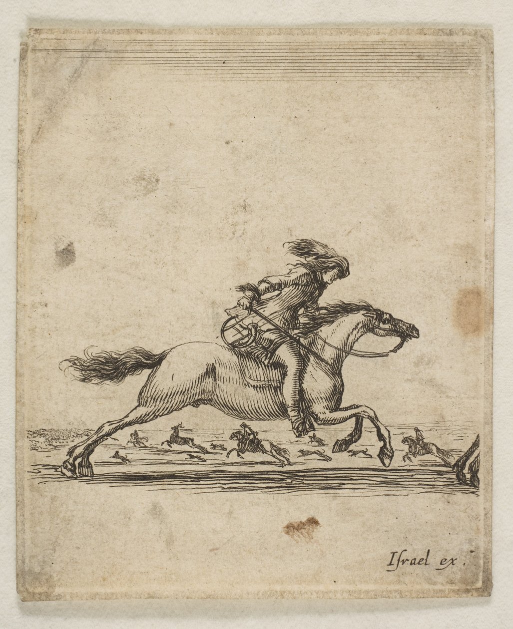 Een ruiter met zwaard in de hand galopperend naar rechts, andere ruiters galopperen..., ca. 1645-46 door Stefano della Bella