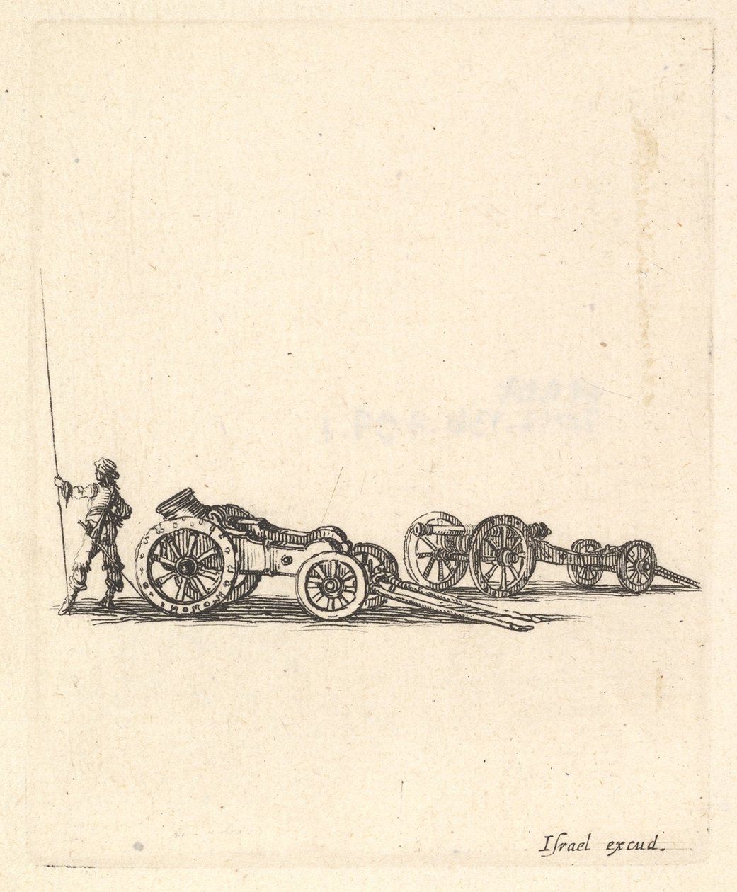 Een mortier en een kanon, beide gemonteerd op wagens, een soldaat van achteren gezien, ca. 1638-43 door Stefano della Bella