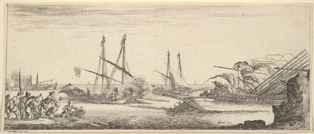 Een zeeslag, een roeiboot vol mannen links, een zinkend schip rechts, twee galeien door Stefano della Bella