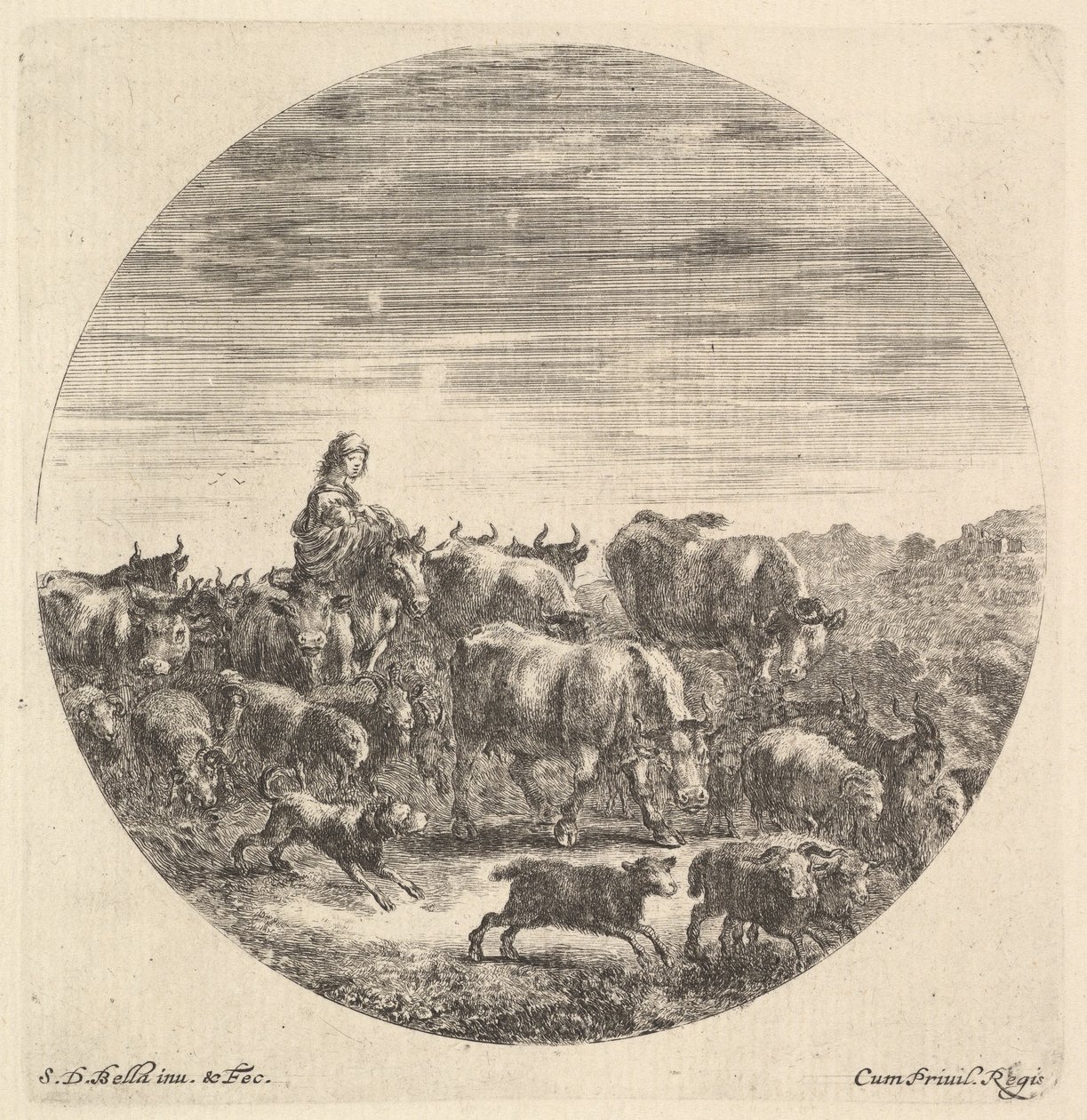 Een boerin zittend op een paard naar links, kijkend naar rechts, omringd door een kudde door Stefano della Bella