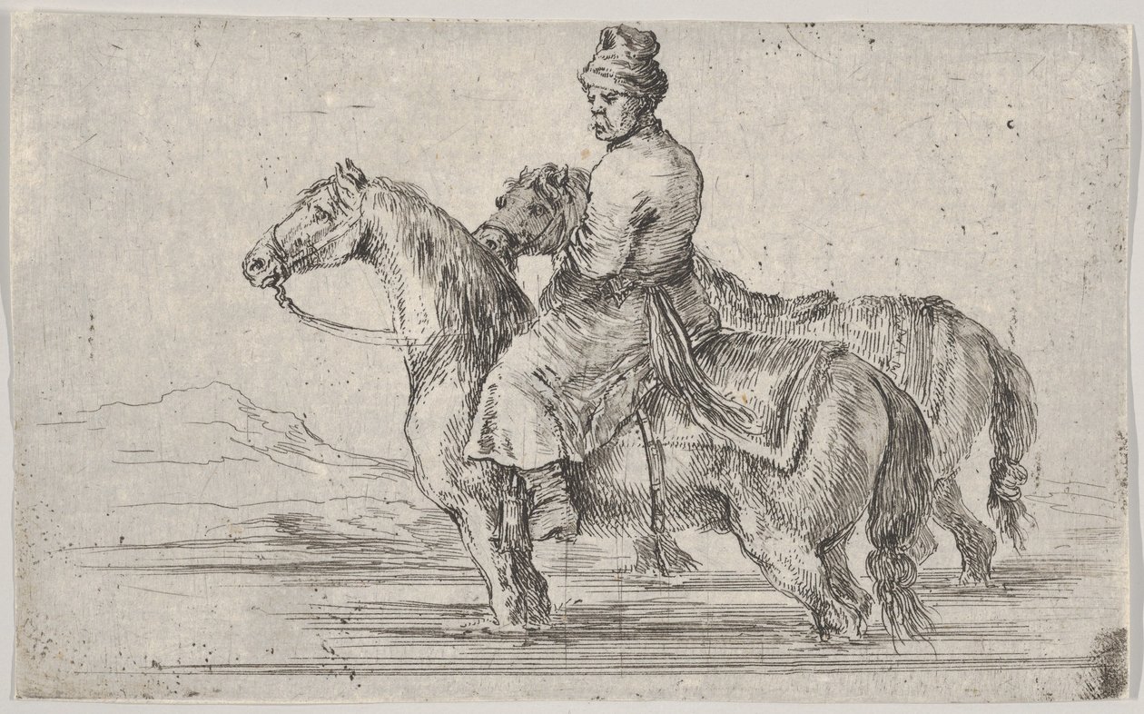 Een knecht die twee paarden naar het bad brengt, zittend op een paard in een rivier, de andere naast... (ca. 1662) door Stefano della Bella