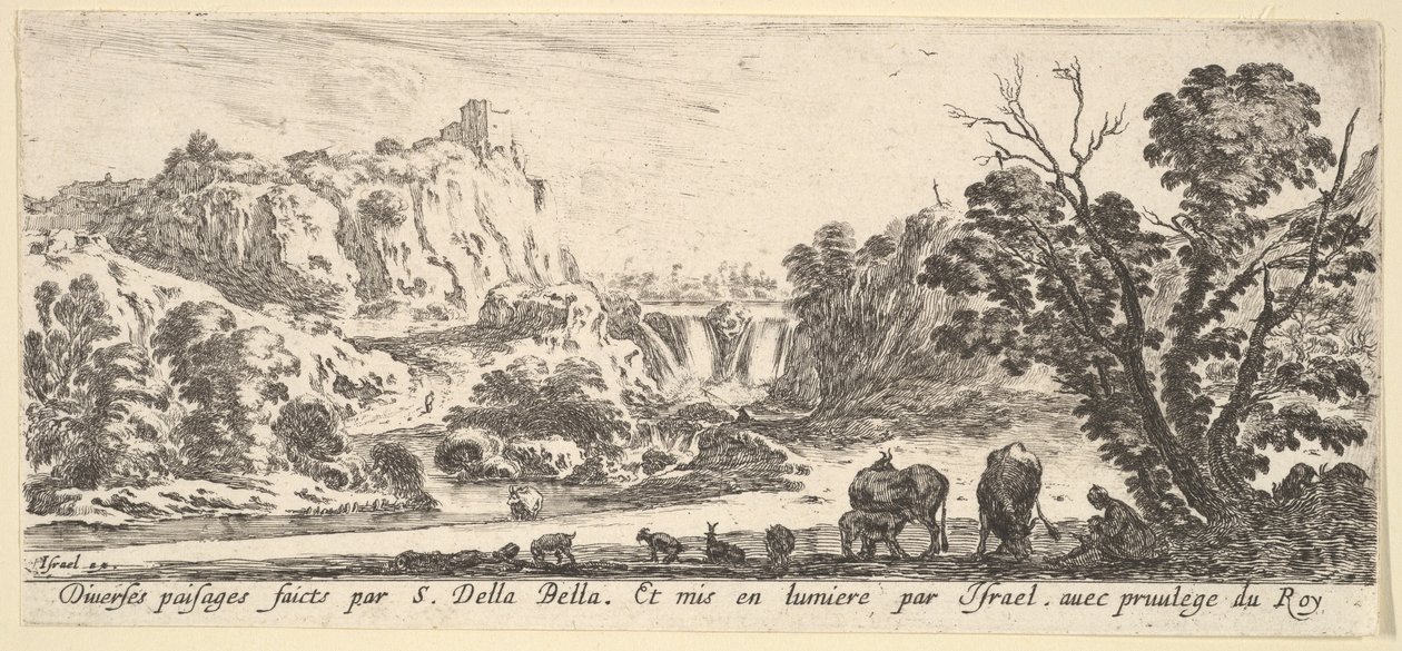 Een waterval die uit de bergen in de achtergrond stroomt, verschillende dieren en..., ca. 1641 door Stefano della Bella
