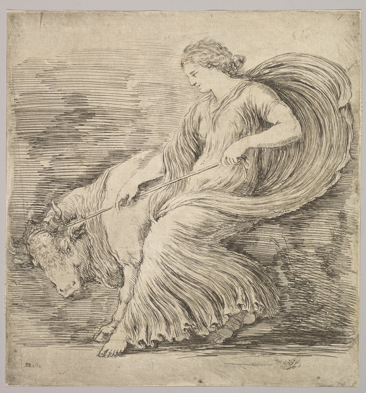 Een vrouw in profiel die aan een touw trekt dat om de hoorns van een jonge stier is gebonden, ca. 1660 door Stefano della Bella