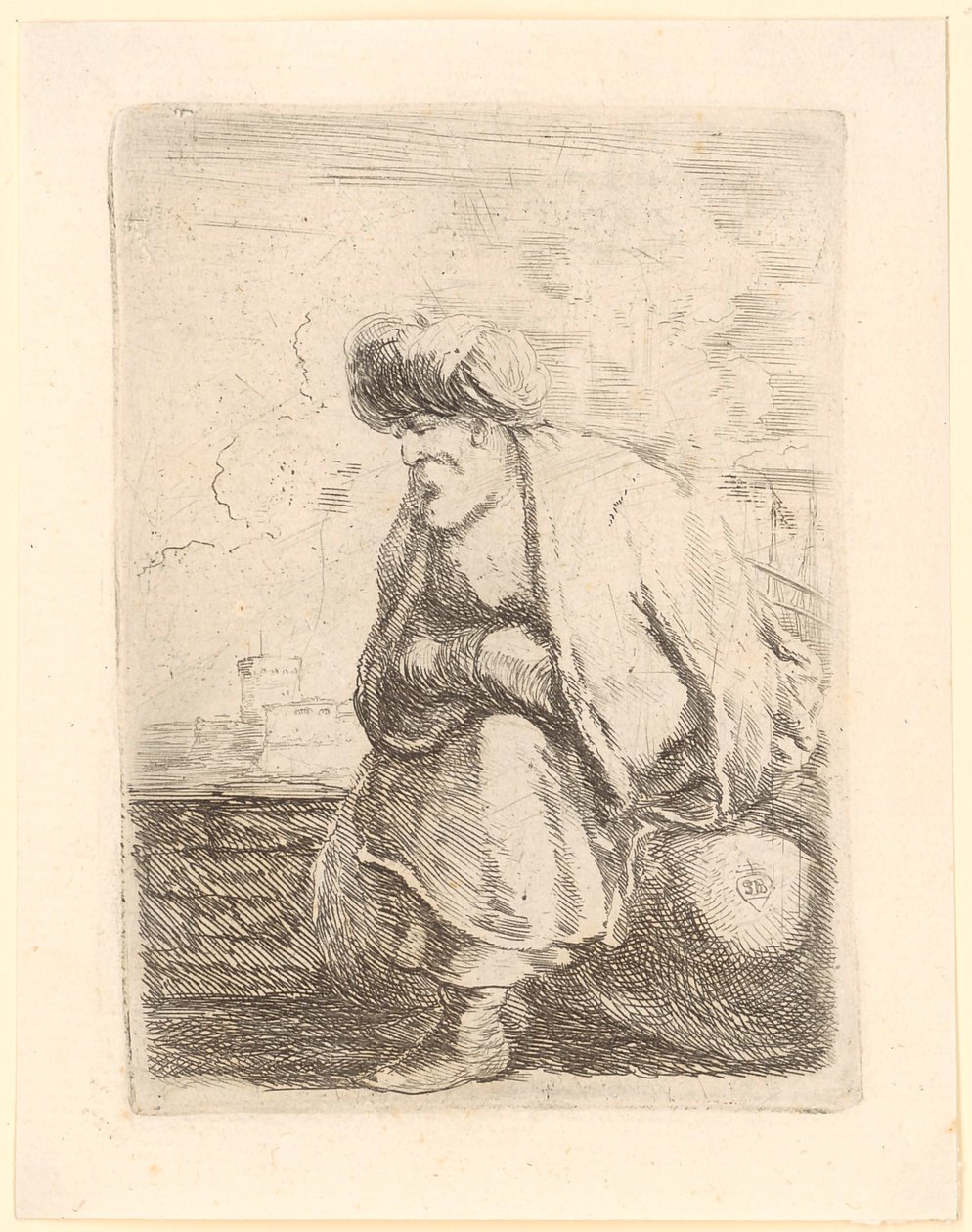 Een oude Turk met een jas en een tulband zit op een steen door Stefano della Bella