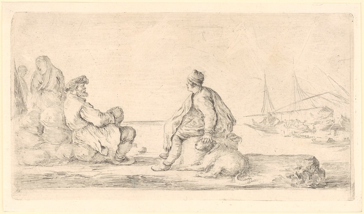 Een oude en een jonge matroos zitten aan de kust door Stefano della Bella