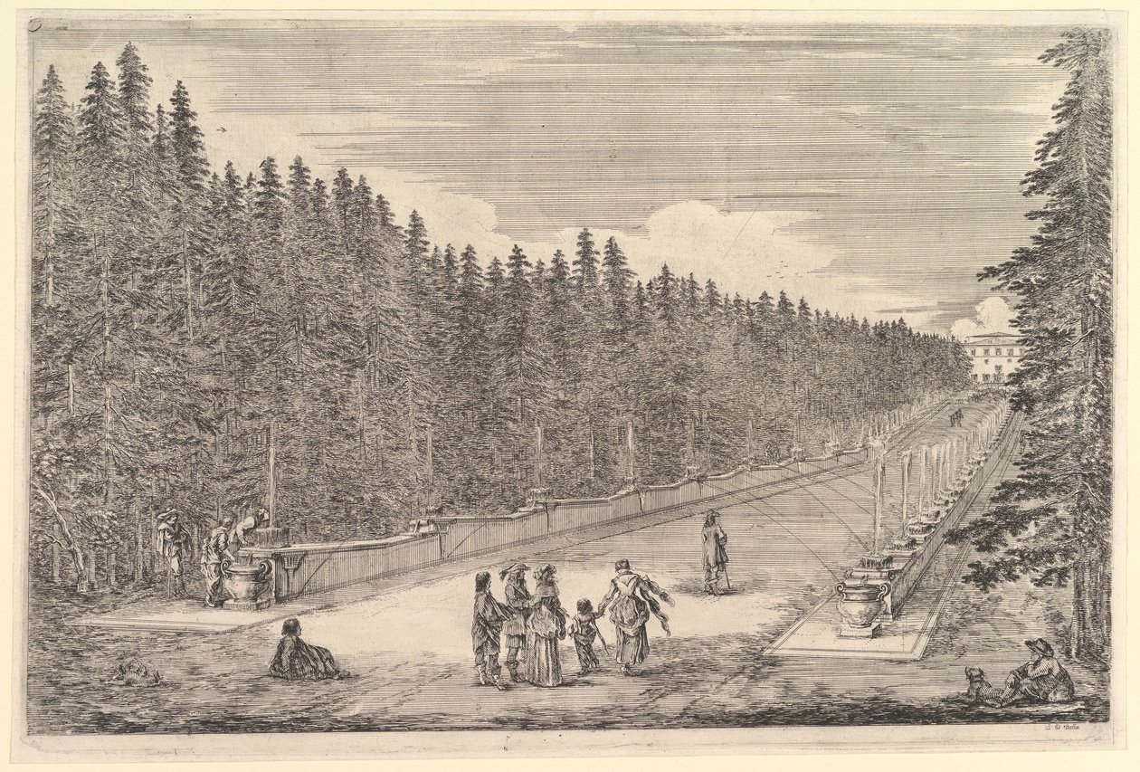 Een rij fonteinen, een groep mensen, uit „Uitzichten op de villa in Pratolino“ (Vues de la villa de Pratolino) door Stefano della Bella