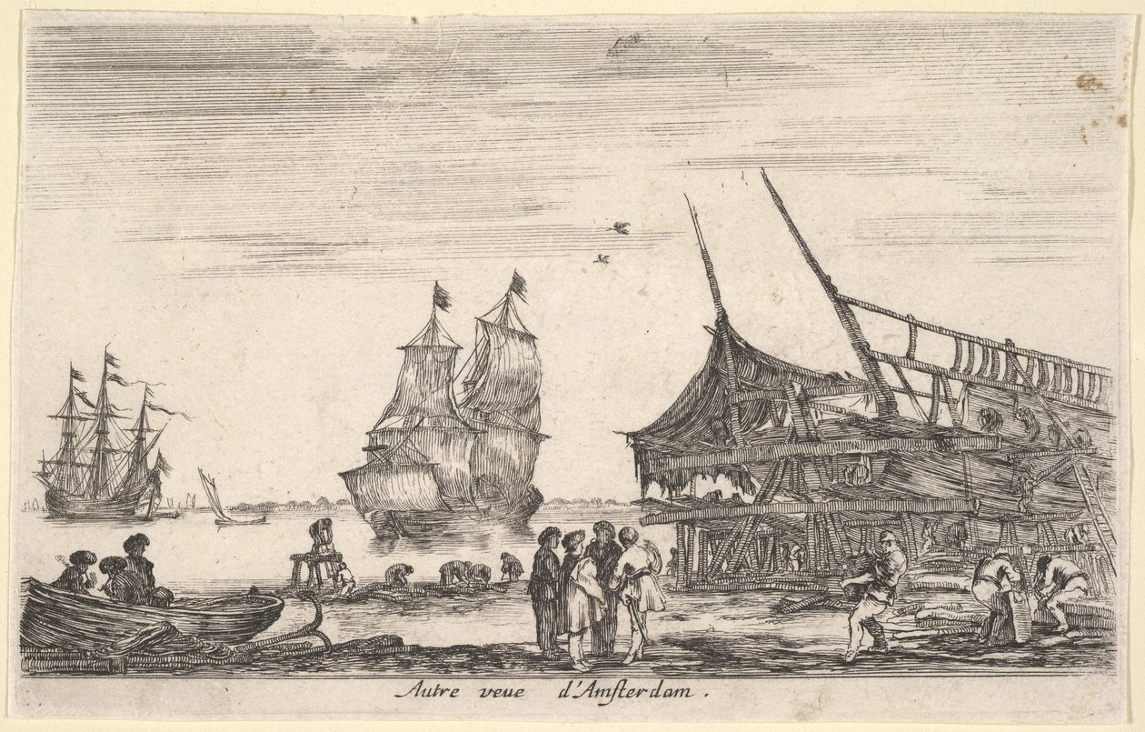 Een ander uitzicht op Amsterdam, een groep van vier mannen staat in het midden, 1647 door Stefano della Bella