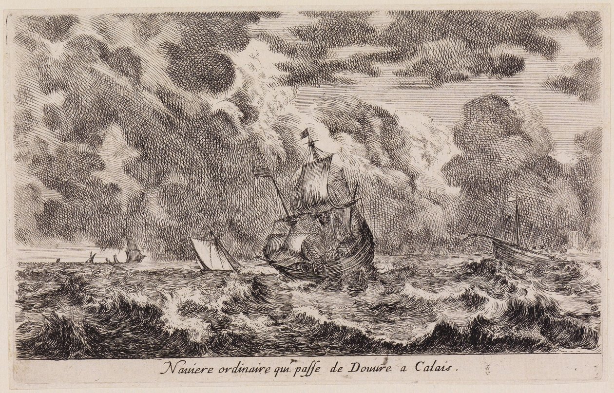 Uitzichten op zeehavens (Vues de ports de mer): zeilschip op weg van Dover naar Calais door Stefano della Bella