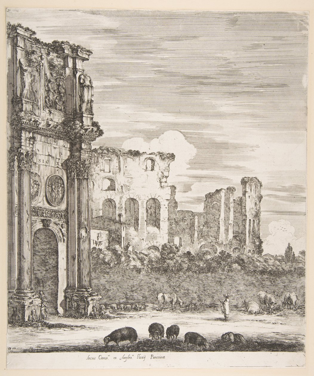 Boog van Constantijn en Colosseum met grazende schapen op de voorgrond, uit Zes grote uitzichten door Stefano della Bella