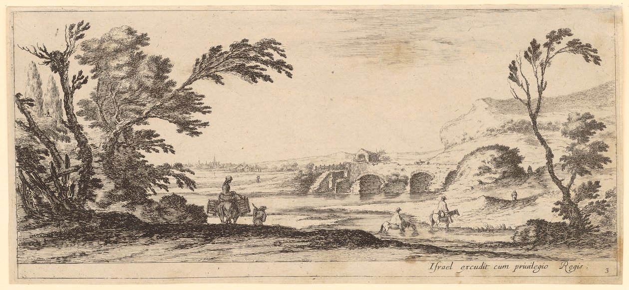 Een boerin op een lastdier, boeren en twee ruiters die een rivier oversteken door Stefano della Bella