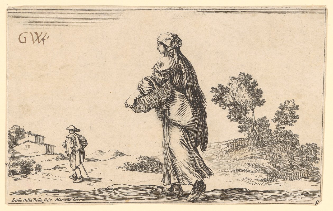Boerin met mand, gezien vanaf de zijkant van achteren naar links; voor haar, naar links, een reiziger door Stefano della Bella