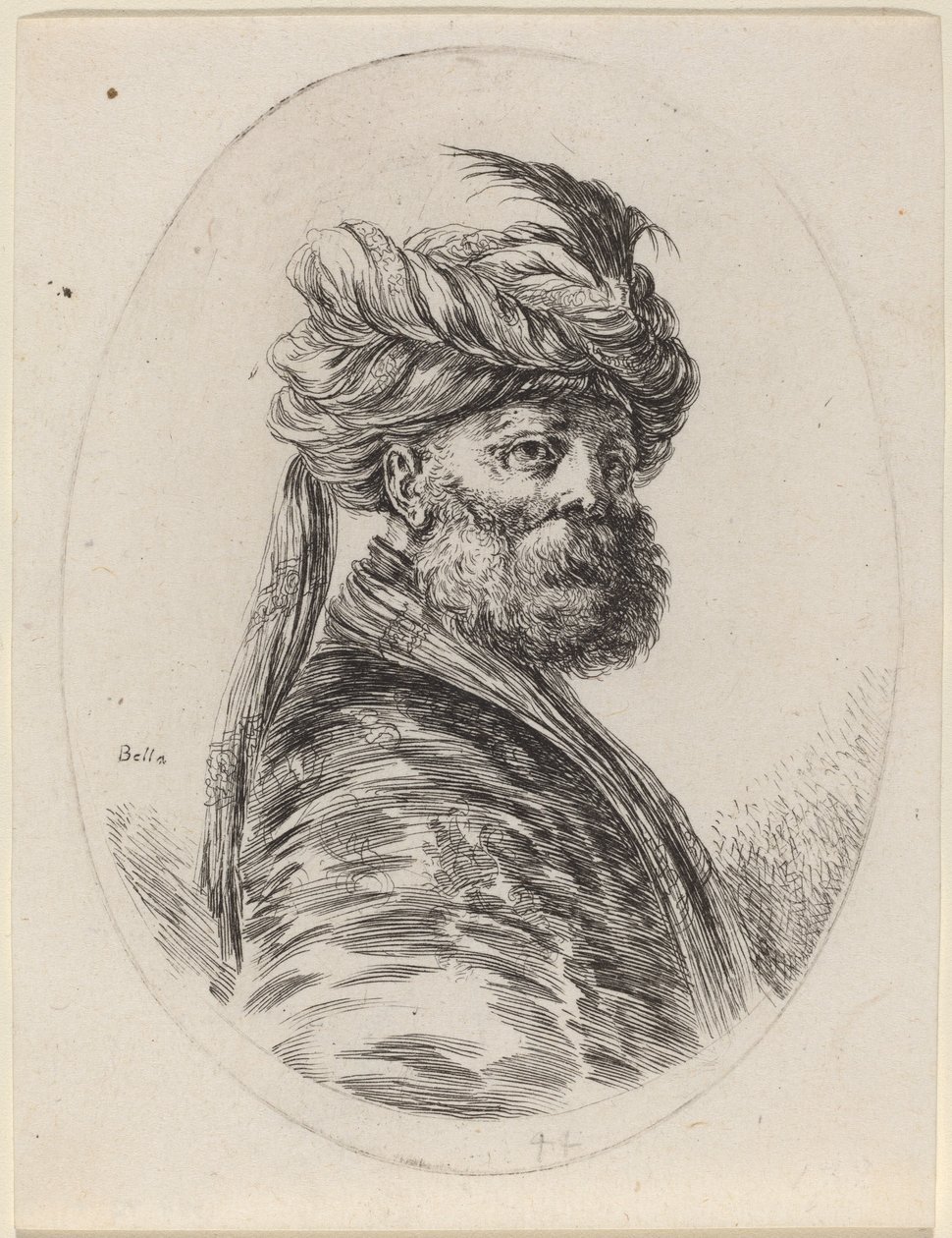 Baardige Moor in een gevederde tulband met een sluier, naar rechts gedraaid, 1649-1650 door Stefano della Bella