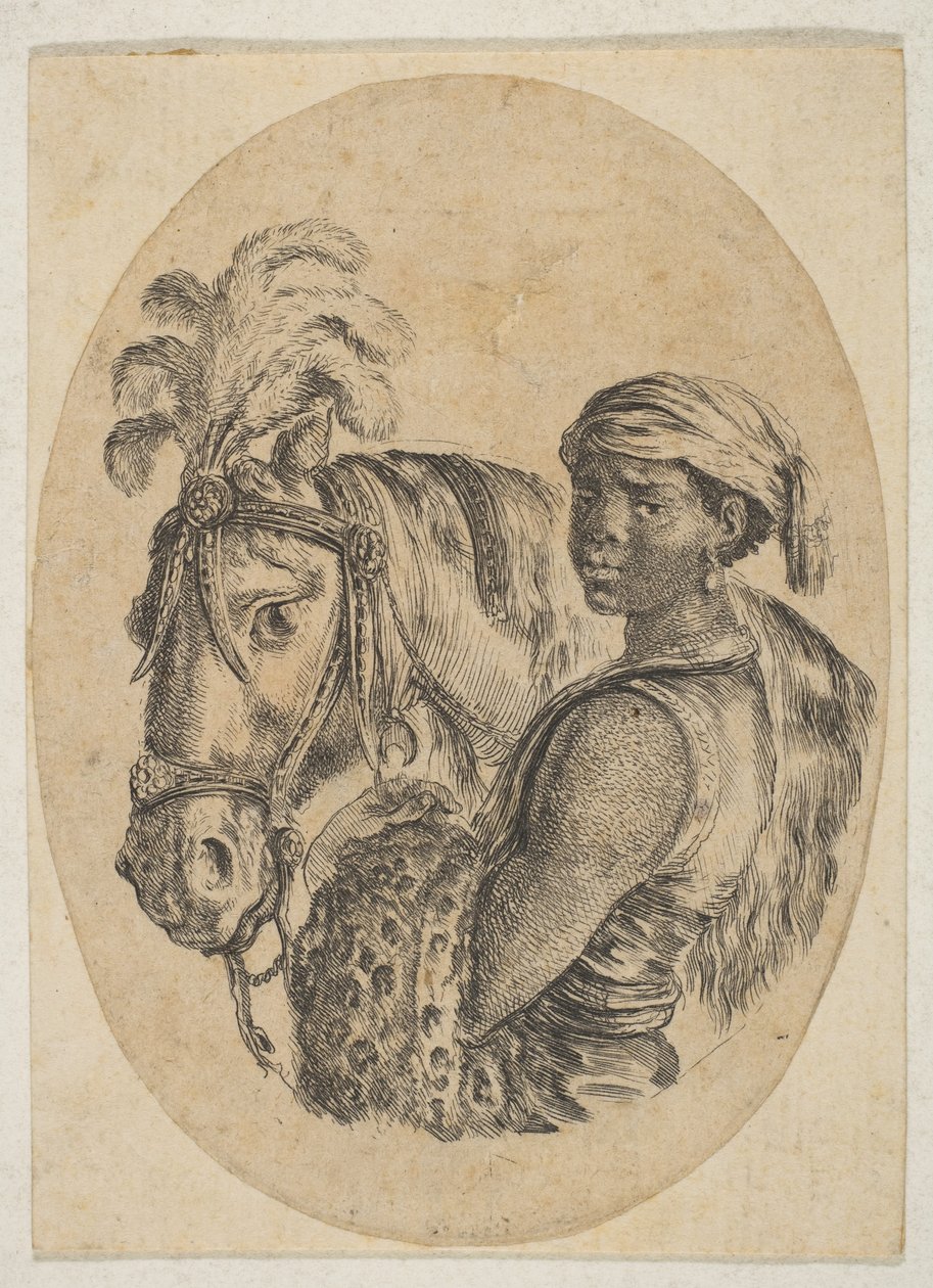 Zwarte slaaf draagt een luipaardvel en houdt het hoofdstel van een paard vast, uit Verschillende hoofden..., 1649-50 door Stefano della Bella