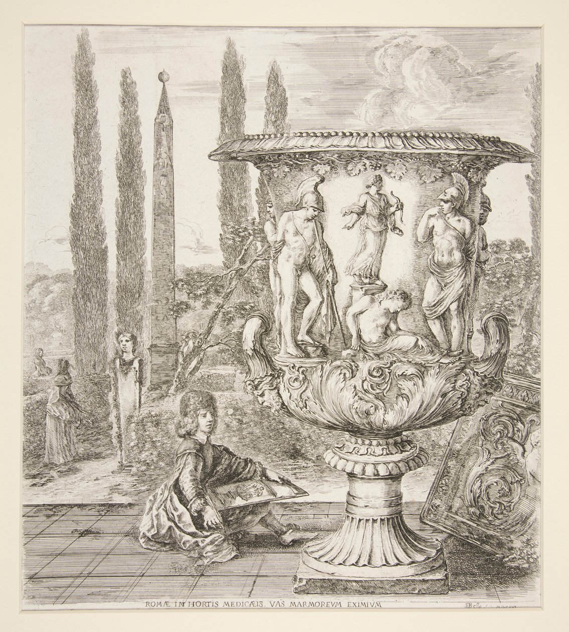 Jongen die de Medici-vaas schetst in een Italiaanse tuin door Stefano della Bella