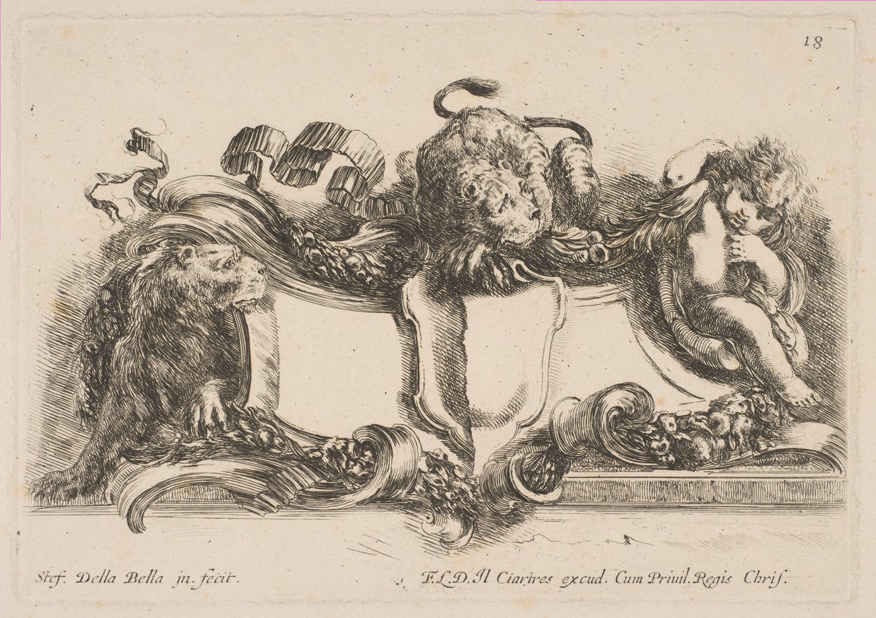 Cartouche met een Leeg Schild Bekroond door een Leeuw en Omgeven door een Leeuw en een Kind, 1646 door Stefano della Bella